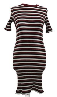 Dámské vínovo-černo-bílé pruhované žebrované šaty Primark