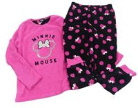 2 set - Neonově růžová chlupatá mikina s Minnie + černé puntíkaté chlupaté tepláky Disney