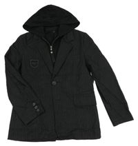 Černé pruhované plátěné sako se všitou mikinou a kapucí 