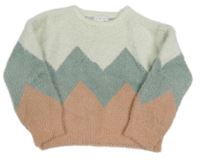Smetanovo-khaki-růžový chlupatý svetr Primark