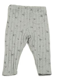 Šedé úpletové žebrované legíny s kytičkami 