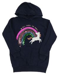 Tmavomodrá dlouhá mikina s jednorožcem a duhou s flitry s kapucí F&F
