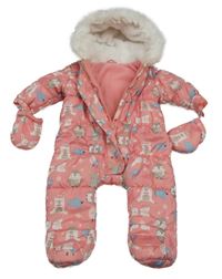 Růžová šusťáková zimní bunda s tučňáky a kapucí + rukavice F&F