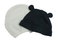 2x čepice - bílá pletená + antracitová s oušky 