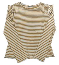 Bílo-rezavé pruhované žebrované triko s volánky Matalan