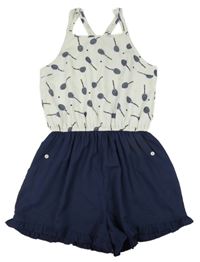 Bílo-tmavomodrý kraťasový overal s tenisovými raketami M&S