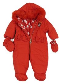 Červená šusťáková zimní kombinéza s Minnií a kapucí + rukavice George