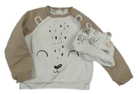 Nové - 2set - Bílo-béžová mikina s jezevcem + bavlněná čepice 