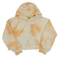 Bílo-oranžová batikovaná crop mikina s kapucí Benetton