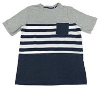 Tmavomodro-šedo-bílé pruhované tričko s kapsou Yigga 