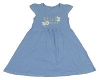 Světlemodré bavlněné midi šaty s nápisem a kytičkami