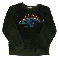 Olivová chlupatá mikina s dinosaurem z flitrů H&M