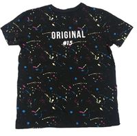 Černé tričko s nápisem a barevnými skvrnkami PRIMARK