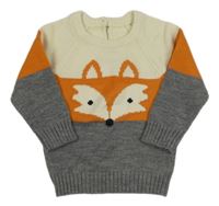 Smetanovo-oranžovo-šedý melírovaný pletený svetr s liškou 