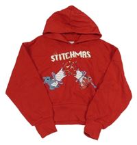 Červená crop mikina se Stitchem a Angelou a vánočním motivem a kapucí PRIMARK