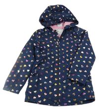 Tmavomodrá šusťáková jarní parka se srdíčky a volánky a kapucí Topolino