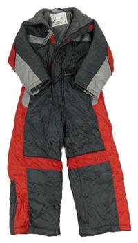 Tmavošedo-šedo-červená šusťáková zimní kombinéza s páskem