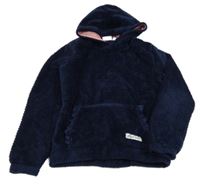 Tmavomodrá vzorovaná plyšová mikina s kapsou s nášivkou a volánky a kapucí Kids