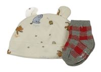2Set - Smetanová čepice s Pú s kamarády a oušky Tu + šedo/červené kostkované teplé ponožky 