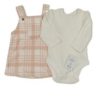 Nové - 2Set - Bílo-světlerůžovo-starorůžové kostkované fleecové šaty s kapsou + bílé žebrované body George