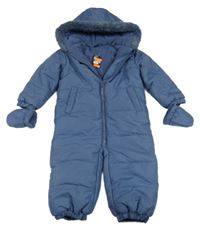 Nové - tmavomodrá kostkovaná šusťáková zimní kombinéza s kapucí s kožešinou + rukavice St. Bernard