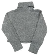 Šedo-stříbrný melírovaný chlupatý svetrový crop rolák ZARA