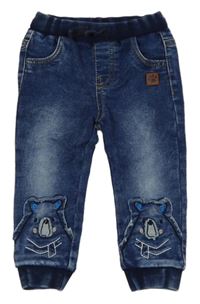 Tmavomodré cuff teplákové rifle s medvídky a úpletovým pasem so cute