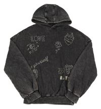 Tmavošedá šisovaná mikina s růžemi a srdíčky z kamínků a kapucí George