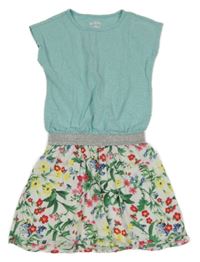 Mátovo/melírovano-bílé šaty s kytičkami a stříbrným pasem Tchibo