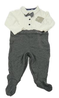 Nové - tmavošedo-bílý melírovaný slavnostní overal s motýlkem a límečkem Tu