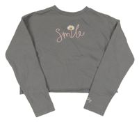 Šedá crop mikina s nápisem s kytičkou s korálky PRIMARK