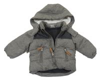 Tmavošedo-černošedá melírovaná prošívaná šusťáková zimní bunda s nášivkou a odepínací kapucí H&M