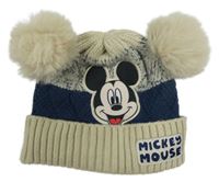 Světlebéžovo-tmavomodrá čepice s Mickey a bambulemi PRIMARK