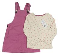 2set - Smetanové květované žebrované triko + fuchsiové riflové laclové šaty F&F