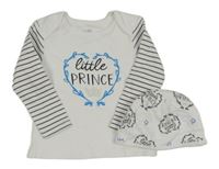 2set - Bílé triko s nápisem a pruhy na rukávech + bavlněná čepice Studio