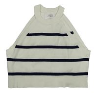 Bílo-tmavomodrý žebrovaný pletený crop top s pruhy Zara