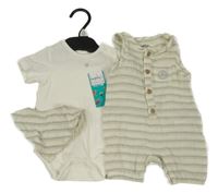 Nové - 3set - Světlebéžovo-zelený pruhovaný mušelínový kraťasový overal + smetanové žebrované body + slinták