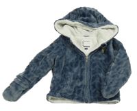 Tmavomodrá vzorovaná chlupatá zateplená propínací mikina s kapucí C&A