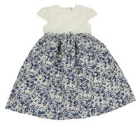 Bílo-tmavomodré plátěné šaty s květinami Topolino