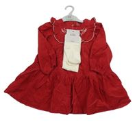 Nové - 2 set - červené manšestrové šaty s výšivkou + smetanové punčocháče M&S