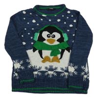 Tmavomodro-smetanovo-zelený svetr s tučňákem George