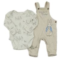 2 set - bílé body s králíky + světlebéžové laclové tepláky s králíkem 