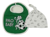 2 set - zelený bryndák s nápisem + bílá čepice se slony 