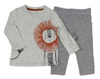 2set - Šedo-bílo-černé triko s lvíčkem +  pruhované kalhoty F&F