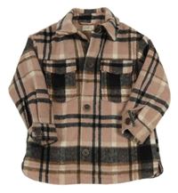 Růžovo-černo-bílo-hnědá kostkovaná košilová flaušová bunda F&F