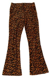 Oranžovo-černé žebrované plyšové flare legíny s leopardím vzorem
