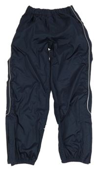 Tmavomodro-bílé šusťákové kalhoty s pruhy 