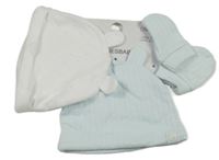 Nové - 3set - 2x žebrovaná čepice - bílá + světlemodrá + 1x světlemodré žebrované rukavice Dunnes 