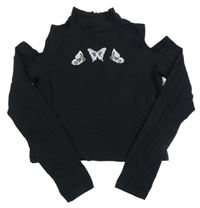 Černé crop triko s odhalenými rameny a motýlky Page one young