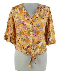 Dámská oranžová květovaná crop halenka s uzlem George 